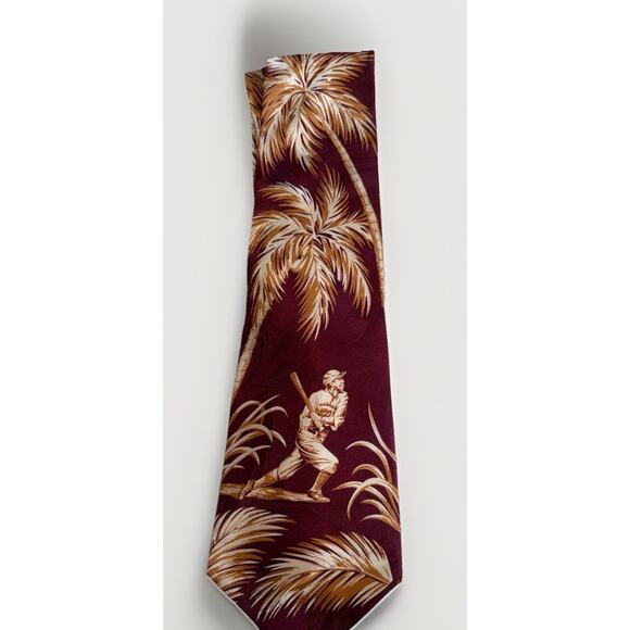 TOMMY BAHAMA Men's Baseball Burgundy Palm Trees Tropical Silk Neck Classic Tie - Picture 5 of 8